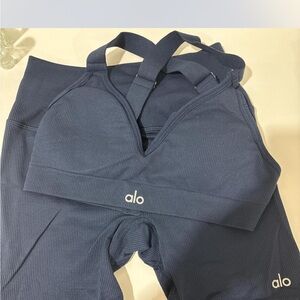 Alo Navy Blue Ribbed Sports Bra and shorts set